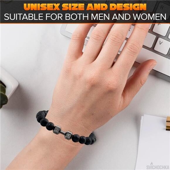 Men Women Beaded Bracelet Lava Stone Dumbbell Gym Stretch Elastic Motivational - Picture 5 of 8
